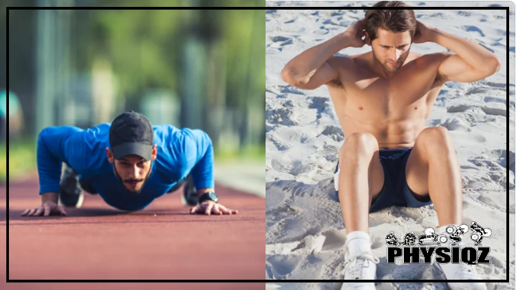 Two men are performing push-ups and sit-ups, one wearing a blue long-sleeve shirt, black shoes, a black hat, and a smartwatch as he rests in the bottom position of a push-up, and another on a beach wearing black shorts and white shoes while executing a sit-up.