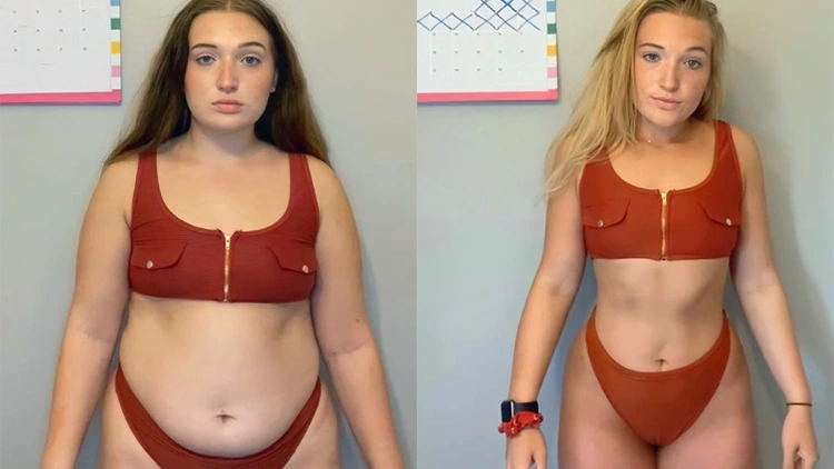 A side-by-side realistic 6 month body transformation, female pictures; on the left is a female in a maroon two-piece bathing suit, her face is bloated and her belly is spilling over the bikini bottoms there is a calendar on the wall behind her and on the right is the same female in the same bikini but who is now much slimmer, her face has a more content expression, and her belly, arms, waist, face and thighs have become thinner.