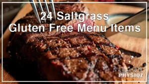 A large boss top sirloin steak that's a part of the Saltgrass gluten free menu has black diamond shaped sears with sweet potato fries next to it and both rest on a large white plate with a black line around the edge, a star on the edge and the word "Salt Grass" on the right side of it.