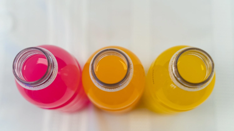 Top view of three uncapped, clear bottles filled with sports drink in different colors such as bright pink, orange and yellow, displayed on top of a white surface.
