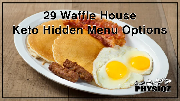 A Waffle House "breakfast favorites" menu is being held with pictures of eggs, toast, waffles, bacon, breakfast sandwiches, hash browns, coffee and orange juice as well as worded descriptions of various Waffle House keto menu items along with prices, inside of a WH location where two employees wearing gray and black are preparing food items.