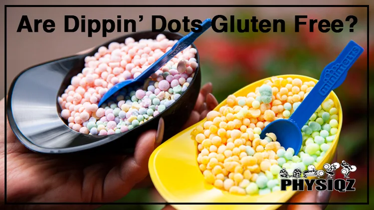 A woman is holding two different colored containers, a black one and a yellow one, of Dippin' Dots ice cream with blue spoons, while wondering 'Are Dippin' Dots gluten free?'.
