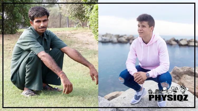 A side-by-side comparison of two men in different squatting positions, the Asian squat Vs Slav squat; on the left is an Asian man dressed in traditional green clothes, in an Asian squat position, he is wearing an orange bracelet and appears to be in a relaxed state, with his hands resting on his knees, on the right is a man wearing a pink hoodie, blue jeans, and a silver watch, in a Slav squat position, he appears to be leaning back slightly, and has a neutral expression on his face.