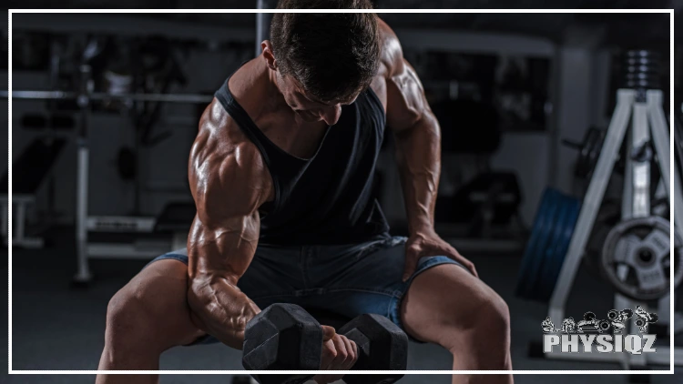 A tan, muscular guy in a poorly lit gym, wearing a black tank top and blue jean shorts, experienced a wrist twitch during an isolation bicep curl, with weight plates visible in the background.