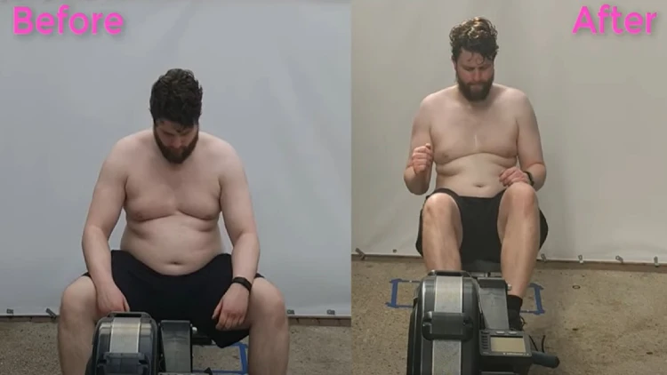 Billy's before picture on the right shows him sitting on a rowing machine while shirtless and his belly is hanging over his shorts, but on the right, in his after picture his belly is much thinner, not handing, and his chest is more defined too. 