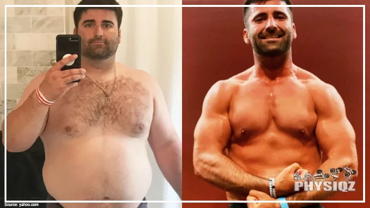 Connor Miniter's before picture on the right that shows his round stomach and fat in the face, but his after photo on the right shows a chiseled and lean face, as well as a lean and muscular physique. 