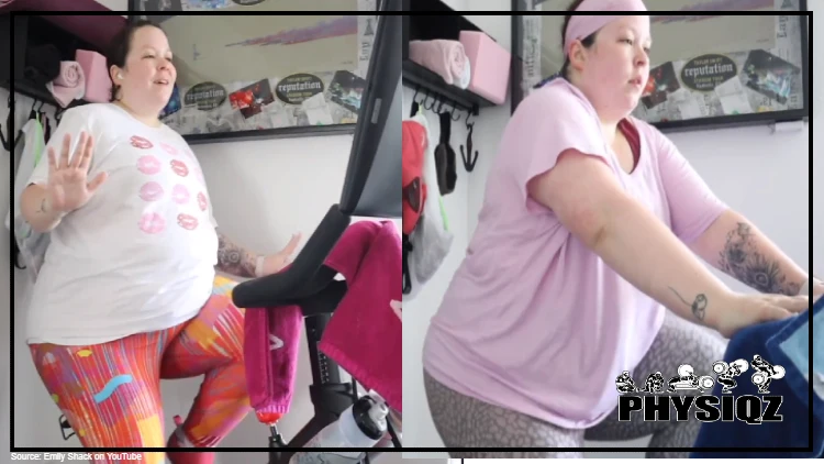 On the left is Emily's before picture where she's pedaling on a Peloton in a white shirt, and orange pants but her belly is protruding, while on the right is her after picture where she's in a pink shirt, pink head band, and grey pants that shows her arms and face are much thinner. 