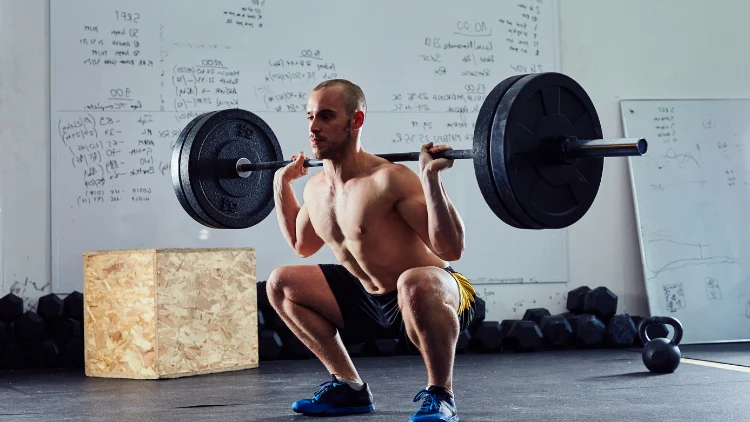 A topless guy in black shorts and blue shoes is doing a barbell back quat squat with 2 weighted plates in a commercial gym that has a white board with bunch of writings, a box, and dumbbells lined up at the corner of the wall in the background.
