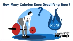 A woman wearing a gray tank top and pants, and black shoes is lifting a barbell with red weighted plates to perform a deadlift exercise while wondering how many calories does deadlifting burn, there's a question mark and a blue fire with the words 'Kcal' in it as an indication of her curiosity,