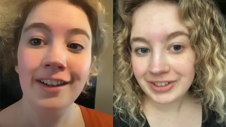 On the left Lexi is an orange shirt and her face is slightly round, but on the right, in her after doing jumping jacks everyday picture, her face is noticeably thinner and her blonder hair is in coils.