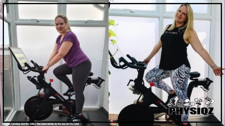 On the left Lyndsay Joanne is riding a peloton bike in a purple shirt and grey pants that shows she's a little thick in the arms and legs, and on the right is Joanne wearing a black tank top and white pants that reveals she's thinner in her arms and legs.