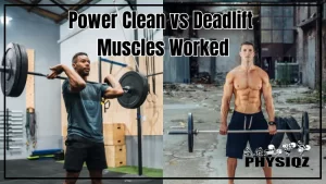 A side by side comparison of power clean vs deadlift forms and top positions where the guy on the left is wearing a black shirt, grey shorts, and red shoes and at the top of a power clean with a barbell that has rogue plates at the ends, and on the right a guy is shirtless, in black shorts, black shoes, and deadlifting 225 lbs.
