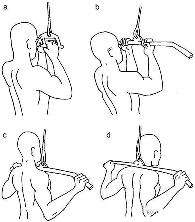 Four images where the top left is a guy doing a v bar lat pull down, the guy at the top right is doing a narrow supinated pull down, the guy at the bottom left is doing a wide grip pronated pull down, and the guy at the bottom right is doing a behind the back pull down to show the most recommended pull down variations. 