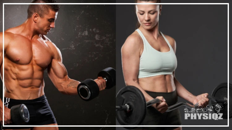 A man and a woman engaging in weightlifting exercises, the man is on the left, wearing black shorts and no shirt, and is shown lifting a dumbbell with both hands, his well-defined muscles are visible, showcasing the effort put into his workout, on the right, a woman wearing a white top and black shorts is shown lifting a barbell while curling her abs, her toned stomach muscles are visible as well, this image is intended to illustrate the muscles worked during the Reverse Curl exercise.