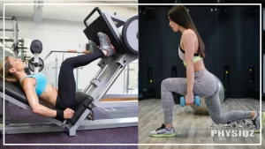 Two women are doing reverse hack squat alternatives where the woman on the lef tin a blue tank top and black pants is doing a leg press and the woman on the right wearing black and white striped bands and holding blue dumbbells is doing a lunge.