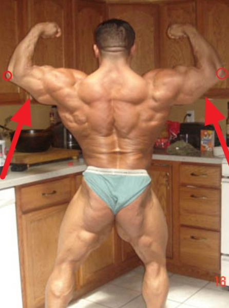 Bodybuilder Shariar Kamali posing in a double bi while shirtless and shows that his tricep inssertion is high, or very far away from his elbows and theirs red arrows pointing to where his tricep ends in relation to his elbow which have red circles on them for reference.