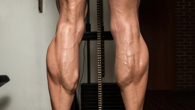 A mans thick calf with veins visible as he flex the calves muscle