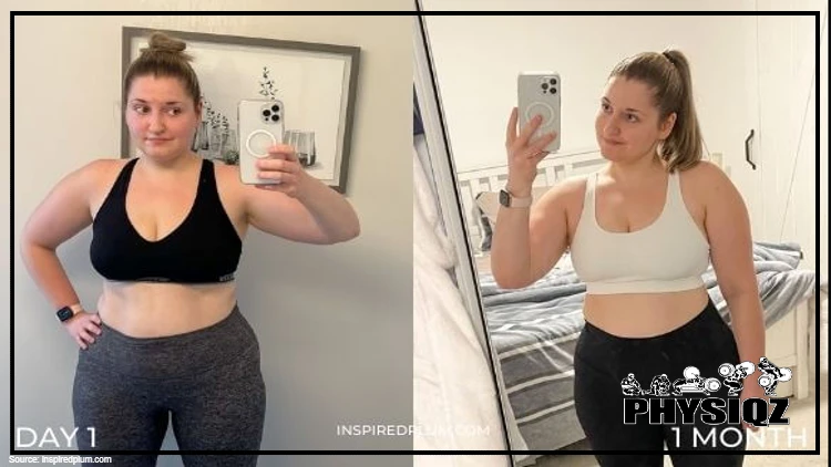 On the left is a woman in grey pants and a black top on who's a overweight and her stomach is protruding, but on the right she's taking a mirror selfie with a white tank top on and black pants that shows her stomach is significantly smaller. 