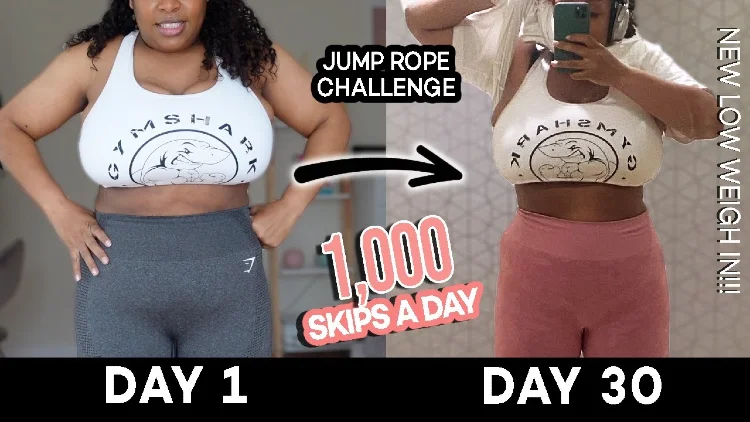 On the left side, Ashley in white tank top and grey pants before doing the jump rope challenge so her hips are fairly wide and same as her thighs, on the other side, Ashley in the same white tank top and pink pants after 30 days of doing the jump rope challenge showing her hips and thighs are much thinner as well as a toner belly.