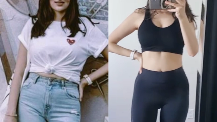 On the left, Bojura with a white bag and a watch wearing a knotted white t-shirt and denim pants showing her body before doing elliptical workouts for thirty days, more body fat and less defined; on the right, Bojura with a white watch wearing black tank top and pants showing her body after doing elliptical workouts for thirty days, less body fat, curvier and more defined.