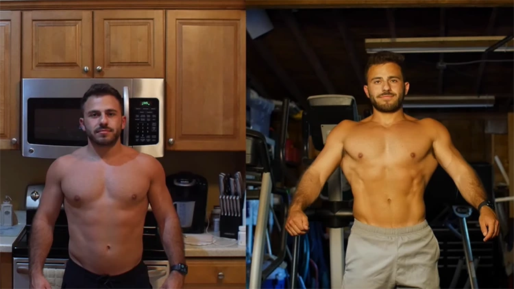 On the left, topless Brandon with a watch and wearing black shorts showing his body before doing the elliptical everyday for a month, more body fat, and muscles are less defined; on the right, topless Brandon with a watch and wearing a grey shorts showing his body after doing elliptical everyday for a month, lesser body fat, more muscular and more defined.