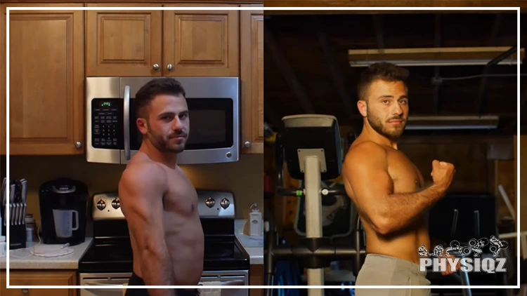 On the left, topless Brandon wearing black shorts showing a side view of his body before doing the elliptical everyday for a month, more body fat, bloated stomach and muscles are less defined; on the right, topless Brandon wearing a grey shorts flexing his arm and showing his body after doing elliptical everyday for a month, lesser body fat, flatter stomach, and more muscular.