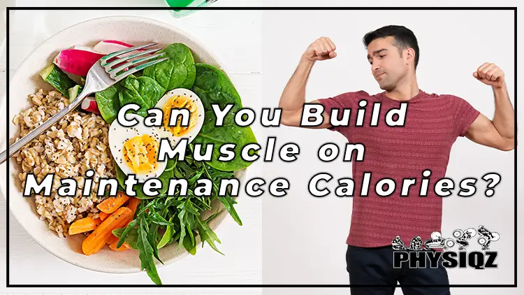 On the left, a bowl of diet food with a fork in it, made with ingredients such as egg, carrots, oats, and other leafy vegetables placed on top of a white surface; on the right, a skinny man wearing red patterned t-shirt, and black pants, flexing his biceps muscles and asking himself "Can you build muscle on maintenance calories?".