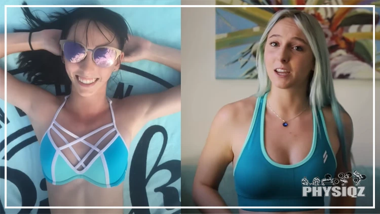 Marissa's before and after results from chest toning exercises and workouts where the image on the left she's laying down and has sunglasses on and has an A cup top on, but in her after picture on the right she's sitting up right, has a blue and silver necklace on, and is boasting a C cup.