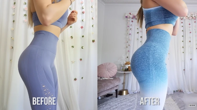 On the left, Chloe wearing a matching lilac tank top and pants before she tried the glute bridge challenge, her butt is less curvy; on the right, Chloe wearing a matching gradient white and blue tank top and pants, after she tried the glute bridge challenge, her butt is more defined and curvier.