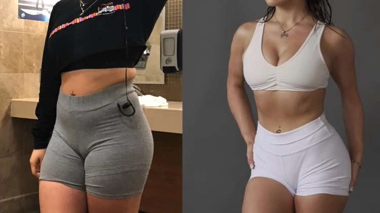 On the left, Daisy wearing a black sweater, and grey shorts, showing her before body with a little more fat; and on the right, Daisy wearing a matching white tank top and shorts, showing her body after four months of weight lifting, lesser fats, curvier, more defined and more muscular.
