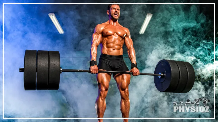 A muscular man in black shorts performing a heavy deadlift, the man's upper body is bare and his muscles are visible as he strains to lift the heavy weights, he appears to be struggling, with a look of intense concentration on his face, in the background, there is a smoke effect.