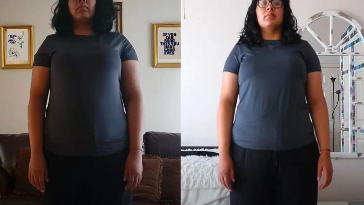 On the left side, Elizabeth wearing a dark blue t-shirt and black pants that shows her tummy has some pudge on it and her arms are a little flabby before doing the 30 days stair stepper challenge, but on the right side is Elizabeth wearing the same dark blue t-shirt and black pants but this time around she has a smaller belly and her arms look more toned. 