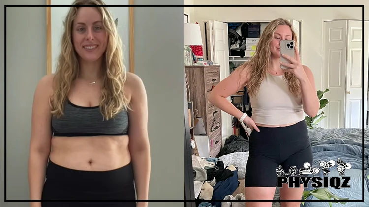 On the left, Kayla poses for her elliptical before and after picture while wearing a grey tank top and black pants showing her pudgy tummy and flabby arms before incorporating the elliptical in her workout, while on the right, Kayla is wearing a white tank top and black shorts taking a picture of herself in the mirror that shows she's toned down, her stomach is flatter, and her facial expression is more confident too.