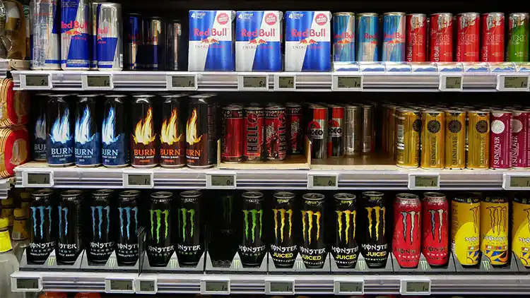 Three layers of grocery shelf stuffed with different kinds of beverages such as monster juice and red bull.