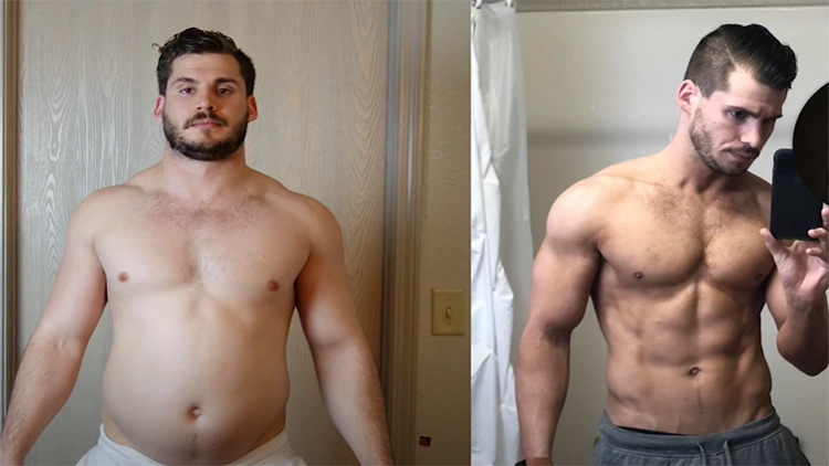 On the left is Hunter before he began working out and his belly is protruding, chest muscles are there but undefined, and on the right is his after picture where he has a six-back and his chest is defined and chiseled. 