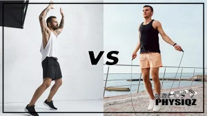 To show the visual differences of jumping jacks vs jump rope, a man with tattoos on both arms, wearing a white tank top, black shorts, and black shoes is on the left performing a jumping jack exercise in a studio with white walls and floors, while on the right, a man with a black bracelet on his left arm, wearing a black tank top, peach shorts, and white shoes, is performing a jump rope exercise outdoors with a scenic view of the ocean in the background.