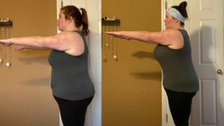 Lexi is standing next to a door in her before and after picture but the before picture on the left shows a fluffier version of her that has bulkier arms and an round belly, while her after picture physique on the right has more of an hour glass shape on her mid-section as well as slimmer shoulders, arms and glutes. 