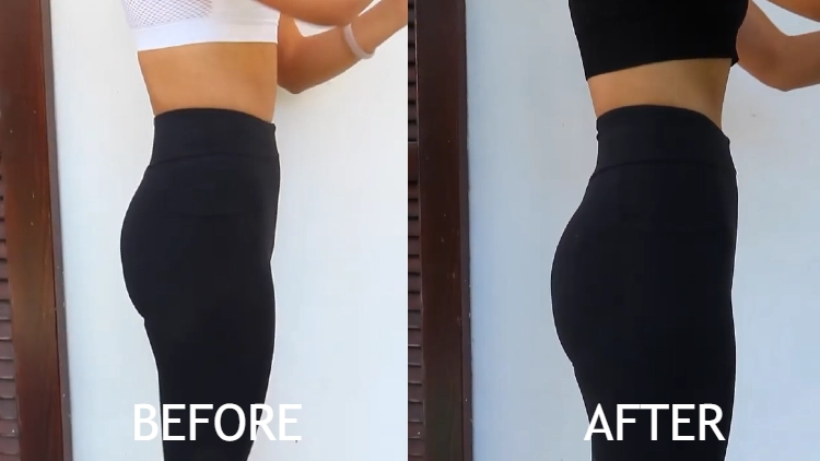 On the left, Liana wearing a white tank top and black pants before she tried the 300 glute bridges challenge for 1 week, her butt is undefined and flat as compared on the right, Liana wearing a matching black tank top and pants, after a week of 300 glute bridges, her butt is more defined and curvier.