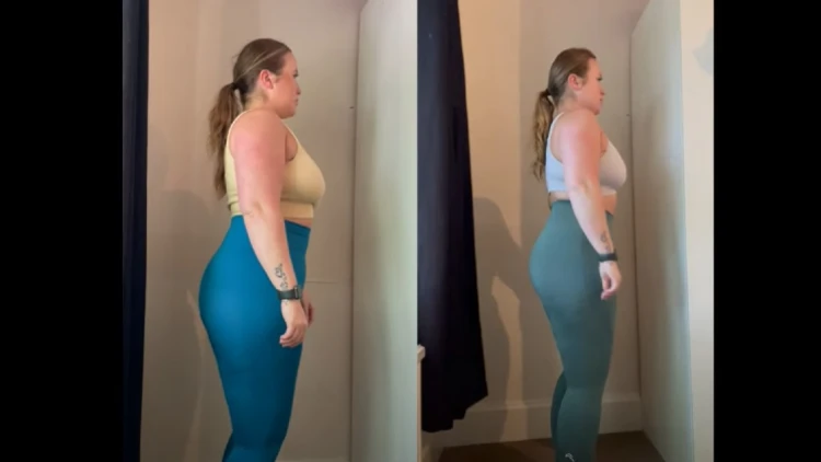 Liz is wearing a yellow tank top and blue yoga pants that show her butt doesn't have a shelf in her before cycling picture on the left, but on the right she's wearing a white tank and green pants that shows her upper buttocks is more developed and tighter appearing too. 