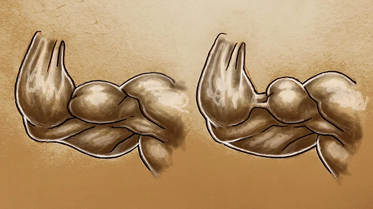 Picture of two arms showing a short tricep belly on the right and a long tricep on the right.