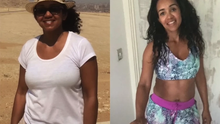 On the left, Melissa with sunglasses on, wearing a hat, and a white t-shirt, before weight lifting, body is fatter and undefined; on the right, Melissa wearing a matching blue and purple patterned bikini, showing her body after one month of weight lifting, body is less fat, and more defined.