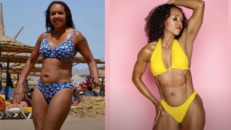 On the left, Melissa wearing a matching blue bikini with white patterns, showing her before body with little fat and less defined; and on the right, Melissa wearing a matching yellow bikini, showing her body after four months of weight lifting, more defined and more muscular.