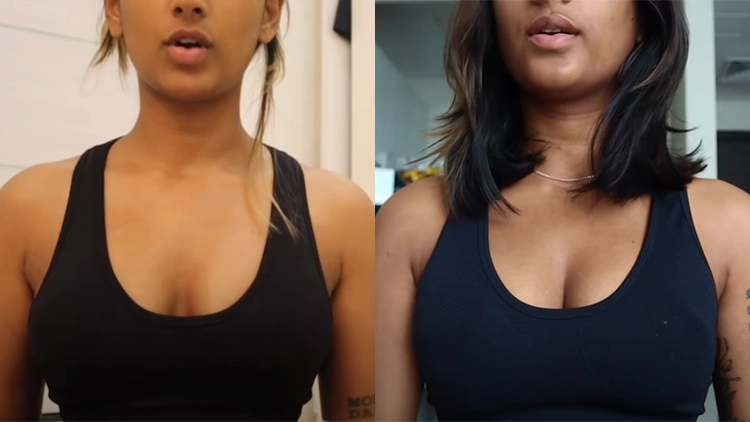 On the left is Nimeshaa’s before picture that show her in a black tank top, and on the right is her picture after working out her chest which reveals she went up a cup size and her bust is more full. 