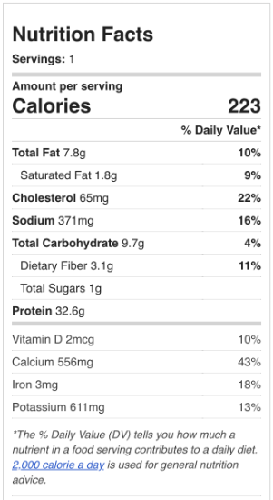 A nutrition facts label of the recipe showing the amount per serving such as the calories, total fat, cholesterol, sodium, total carbohydrate and protein.