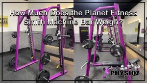 A fit woman, facing her back from the camera is performing a high bar back squat on a red colored Smith machine at a Planet Fitness gym which makes him wonder what is the Planet Fitness Smith machine bar weight and she's wearing a pink sports bra, black gym leggings, and there is also another smith machine in the background.