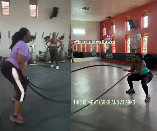 On the left side, Susan wearing a purple t-shirt, black pants and pink shoes showing how she started her battle rope journey weighing 150kg and she is still slow with the ropes, on the other side, Susan wearing a cyan tank top, black pants, and grey shoes showing the results of her battle rope journey weighing 99kg, and able to move the ropes faster.