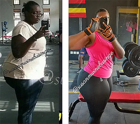 On the left, Susan wearing a white t-shirt and black pants taking a picture in front of a mirror showing her obese body; but on the right, in her after picture, wearing a pink tank top and black pants showing the results of her weight loss journey, her body is more defined and curvier.