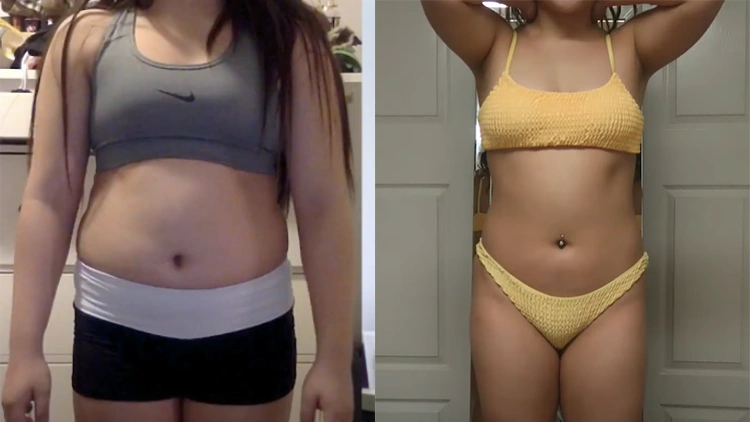 On the left, Tatyana wearing a grey tank top, and black and white shorts, showing her body before weight lifting, more fats and undefined; on the right, Tatyana, wearing a matching yellow bikini, showing her body after one month of weight lifting, less fats and more defined.