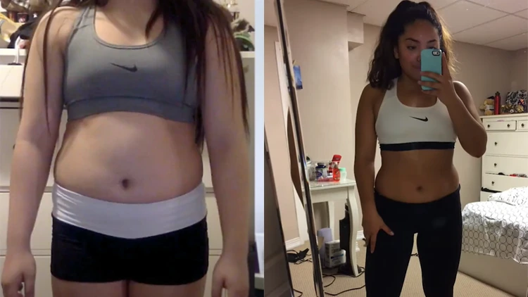 On the left, Tatyana wearing a grey tank top, and black and white shorts, showing her body before weight lifting, more fats and undefined; on the right, Tatyana, wearing a white tank top and black pants taking a picture of herself in the mirror, showing her body after four months of weight lifting, less fats, more defined and curvier.