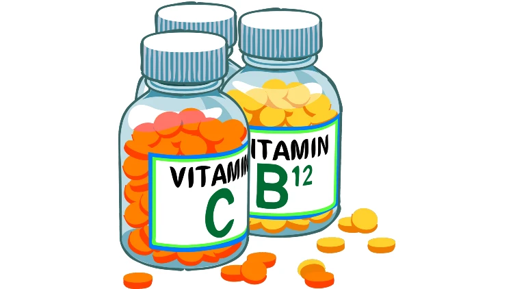 A graphic illustration of two bottle of vitamins such as Vitamin C in an orange color and Vitamin B12 in a yellow tablet form.